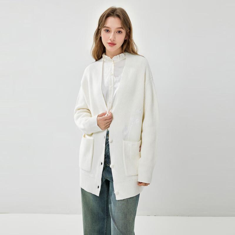 

Qiusbuiyiren 2025 Spring V-Neck Wool Blend Embroidered Cardigan XL