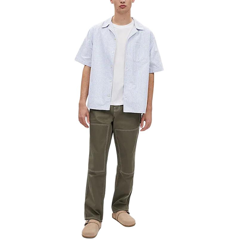 Coach SS24 Striped Cuban Collar Single-Breasted Short Sleeve Shirt Men Shirts Blue CR481-BLM