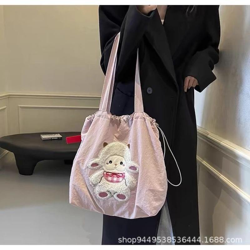 Large capacity tote bag women's new cute lamb canvas bag versatile student class commuting shoulder bag