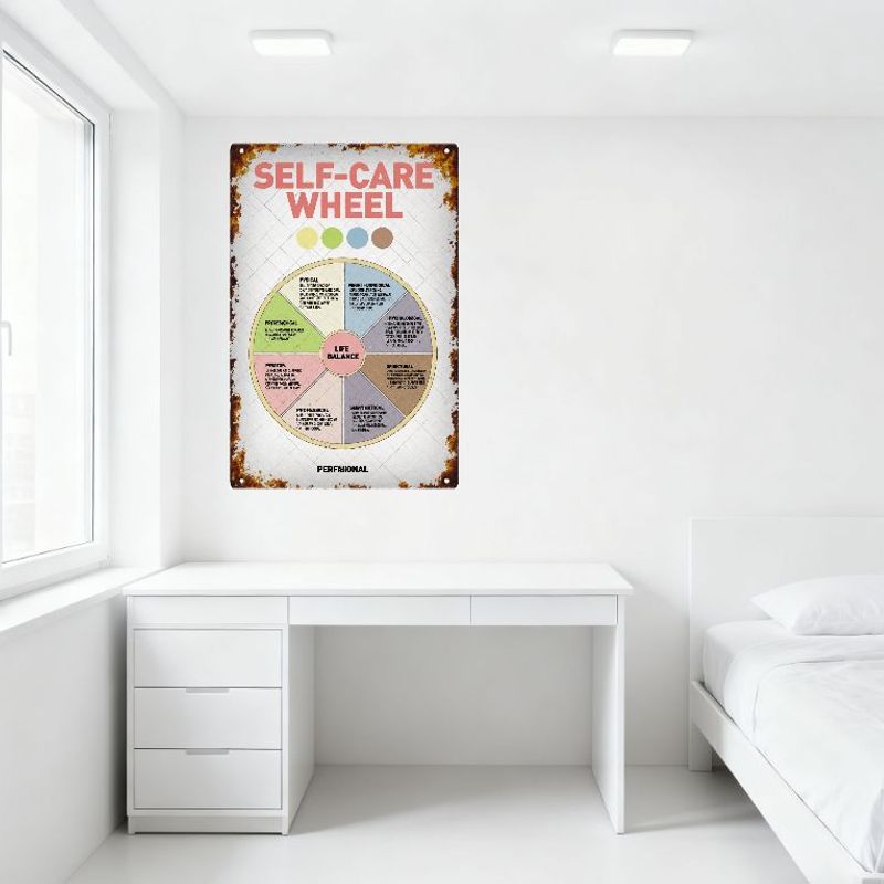 Vintage Rusty Self-Care Wheel Metal Tin Sign, Home Decor with Life Balance Categories, for Café Bar Man Cave Restaurant Wall Art