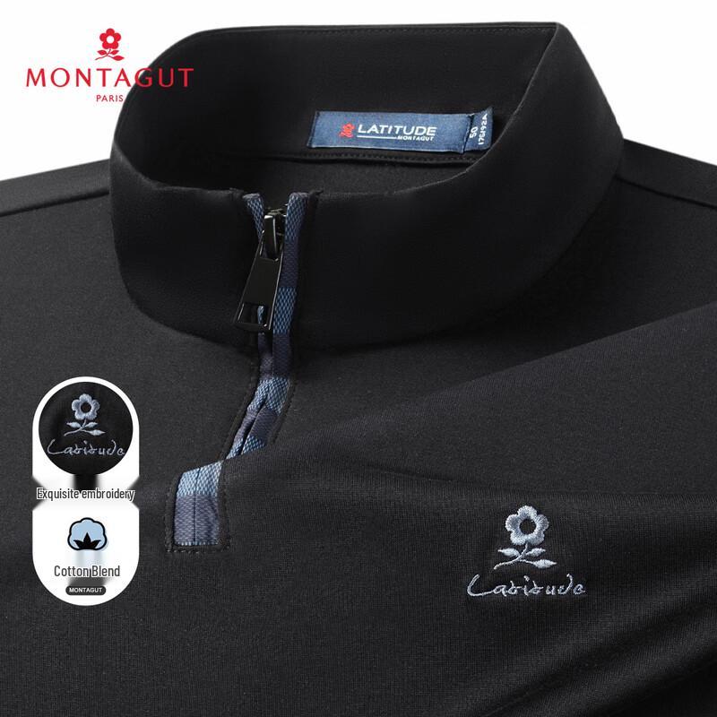 MONTAGUT Men's Embroidered Zipper Stand-Collar Short Sleeve T-Shirt