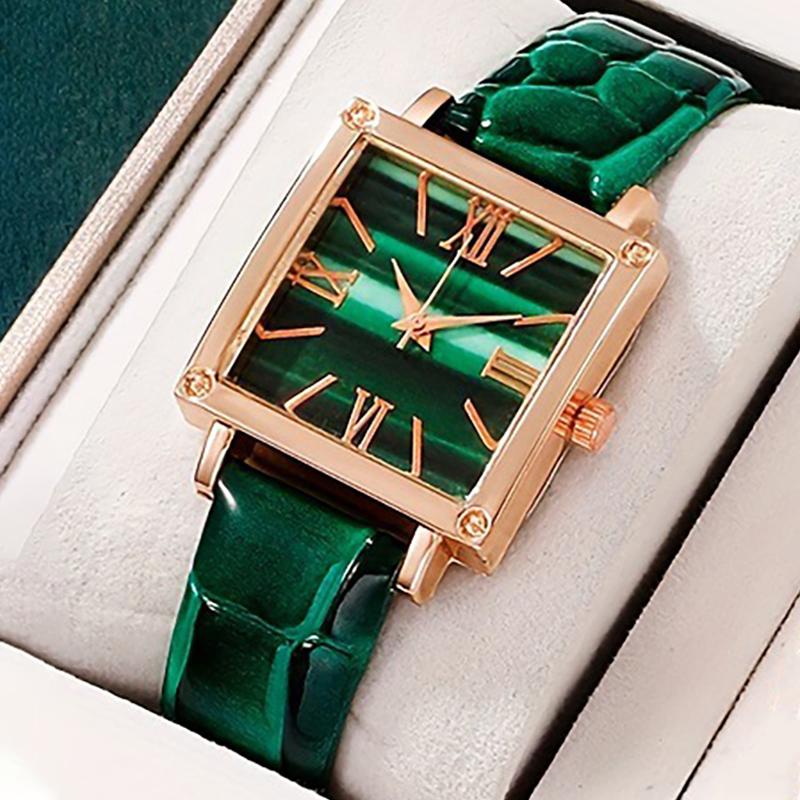 Green Women's Watch Set Fashion Trend Simple Rectangular Dial Quartz Watch Perfect Gift
