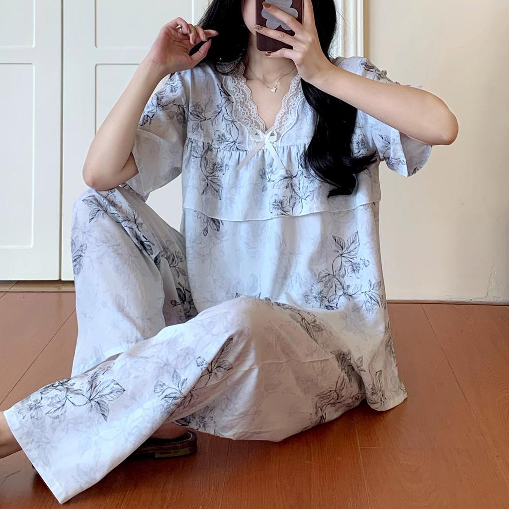 Short-sleeved Trousers Cotton and Silk Pajamas Women's Summer Thin Suit Japanese Sweet Anti-bumps Can Be Worn Outside Cotton Silk Loungewear