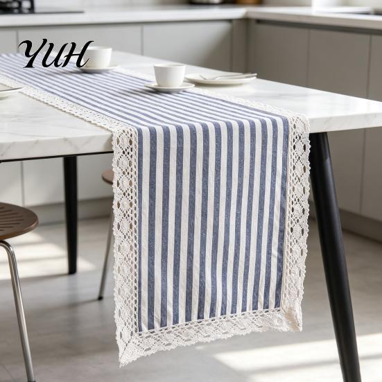 Entryway Table Runner Striped Runner, Lace Trim Cotton Linen for Dining Rustic Farmhouse Home Decor Boho