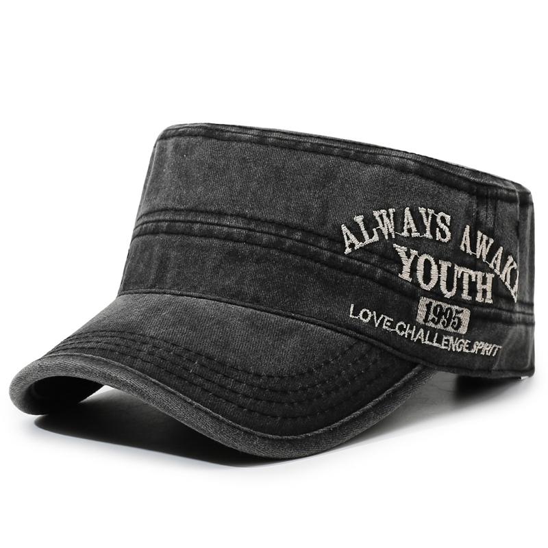 Embroidered Letter Flat Top Hat Men s Retro Outdoor Sun Hat чёрный