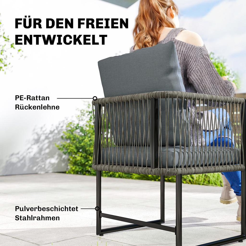 Garden Chair Set of 2 Weatherproof Garden Chairs Made of Steel PE Rattan with Cushions Armrest Backrest 52x52x66 cm Dark Grey