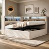 Denní postel 140x190 cm s hydraulickým úložným prostorem, Čalouněná postel, Rozkládací pohovka s LED, USB a opěrkou zad, Samet, Béžová