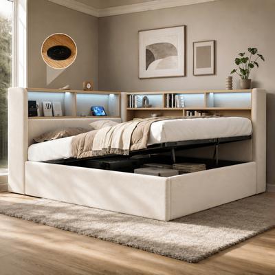 Daybed 140x190 Cm with Hydraulic Storage, Upholstered Bed, Day Bed, Sofa Bed with LED, USB & Backrest, Velvet, Beige