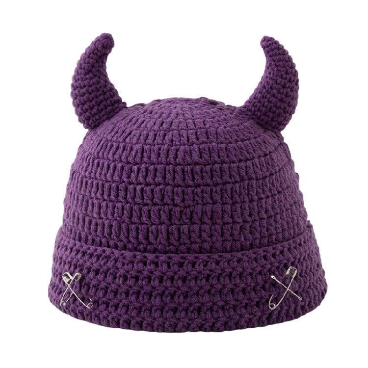 Crochet Horn Cap for Fall Winter Outfits, Brimless Devil Hat with Front Pin Accent for Party Photo Outfit Looks