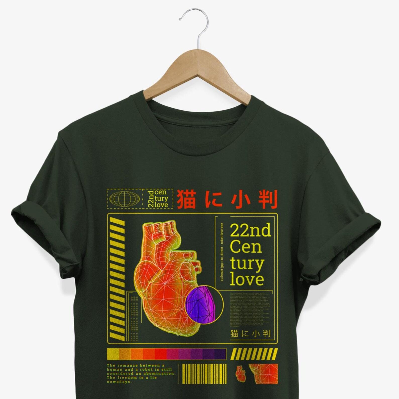 Futuristic Heart T-shirt: Japanese Streetwear Y2K Graphic Tee 3XL