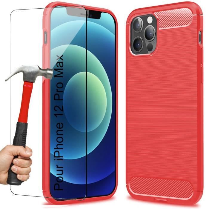 Coque pour iPhone 12 Pro Max (6.7") Lot de 2 Verres Trempés Protection Anti Choc Carbonique Trait Rouge