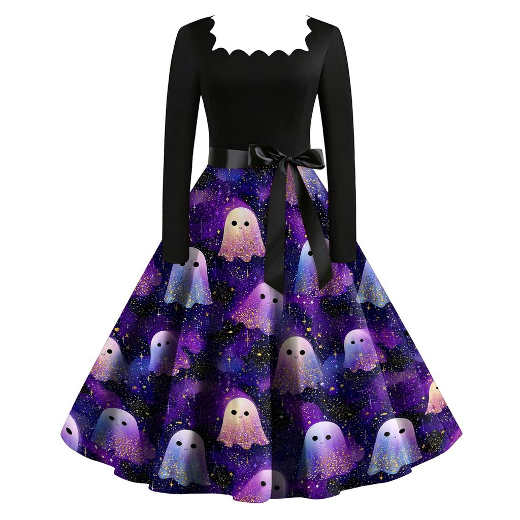 Women's Vintage Long Sleeve Square Neck Party Dress Halloween Printed Full Skirt Midi Dress with Waist Tie Belt Retro Style
