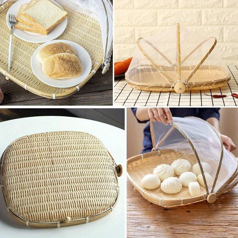 1 pcs hand-woven bamboo tent basket with mesh lid, dustproof household food storage basket for outdoor and indoor use