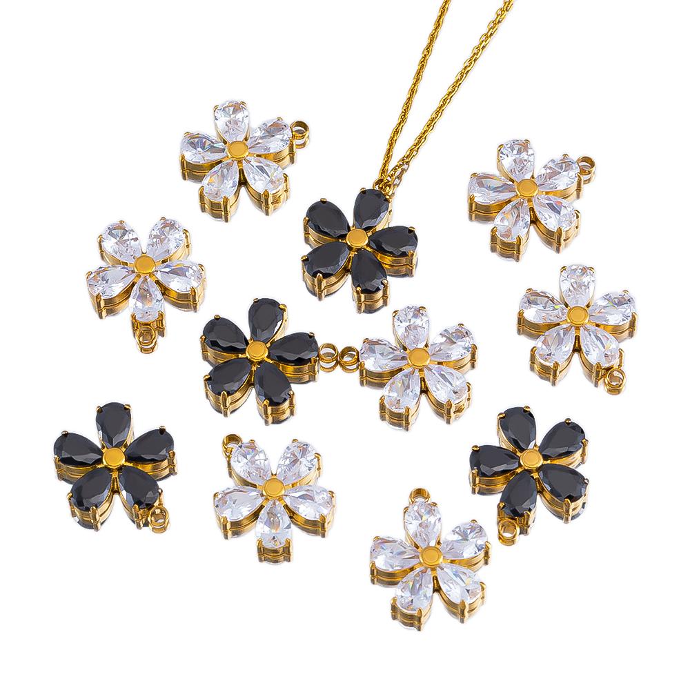 2Pcs Fashion Black White Heart Flower Earrings Charms Golden Plated Stainless Steel Zirconia Petal Pendant Necklace DIY Findings