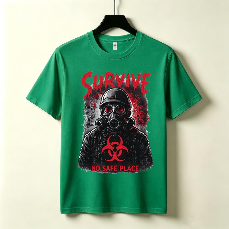 Survive Gas Mask Biohazard Tshirt Zombie Apocalypse Horror Graphic Dark Grunge Streetwear Black White Navy Casual Top Harajuku