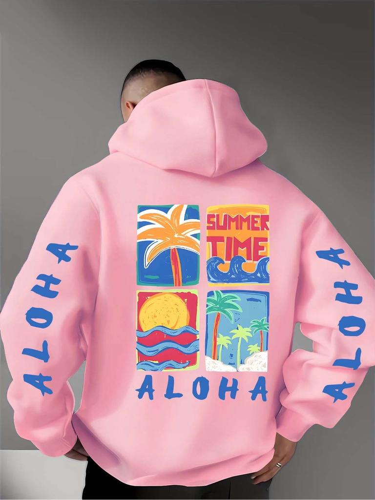 Men's casual hooded sweatshirt with a four-panel hand-painted Palm Beach pattern and ALOHA logo print, perfect for fall and winter wear.
