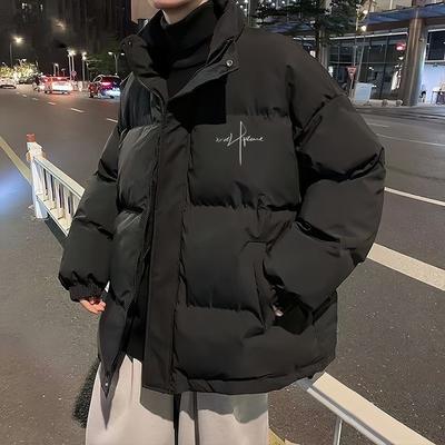 Mens Winter Thickened Stand Collar Cotton Puffer Jacket Loose Fit Streetwear Style Daily Wear
