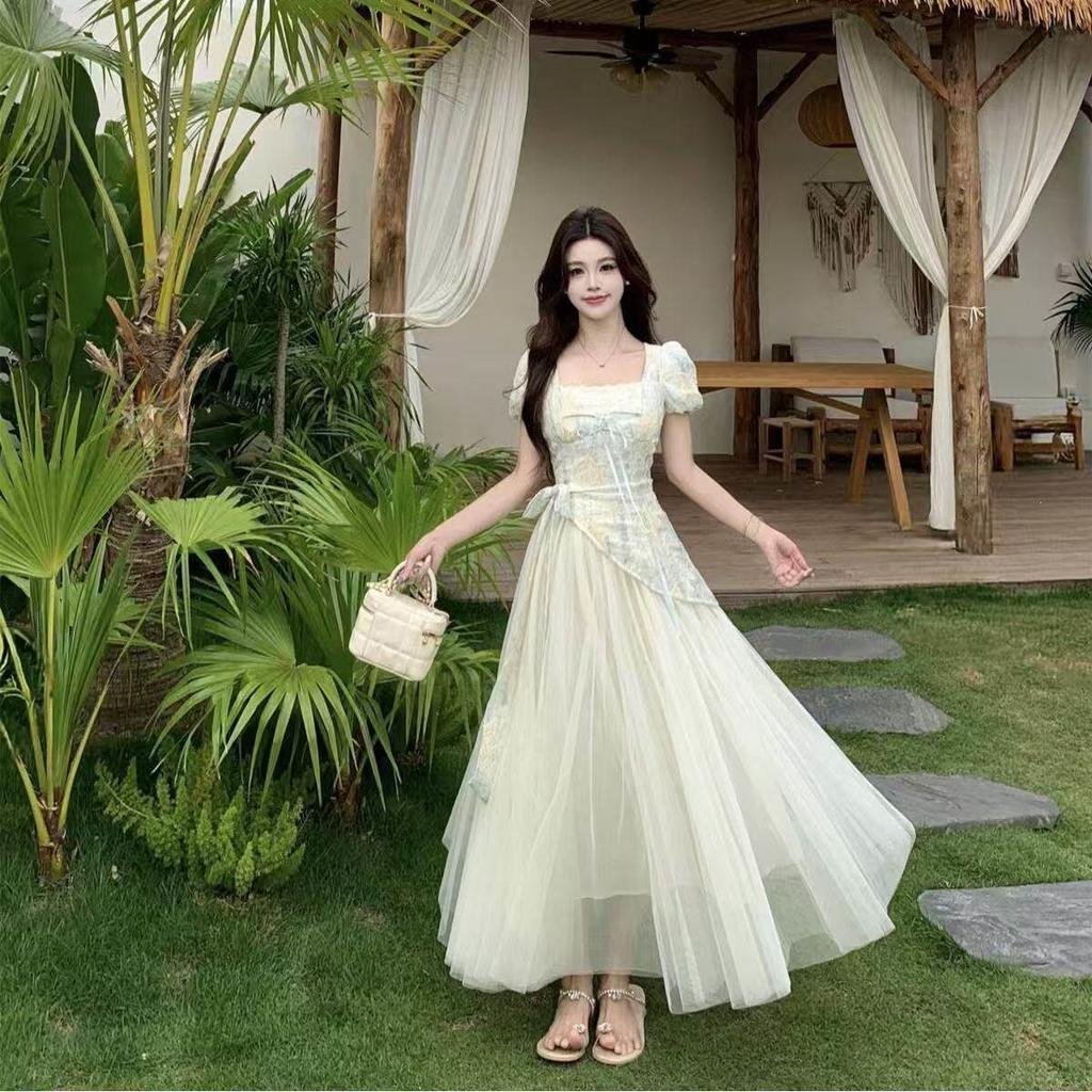 French sweet little fairy dress women's summer high-end fake two short-sleeved temperament waist long skirt