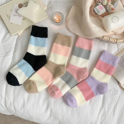 Australian Velvet Autumn and Winter Cold-resistant Thickened Sleeping Women's Socks, Postpartum Socks, Macaron Color-blocking Plush Socks