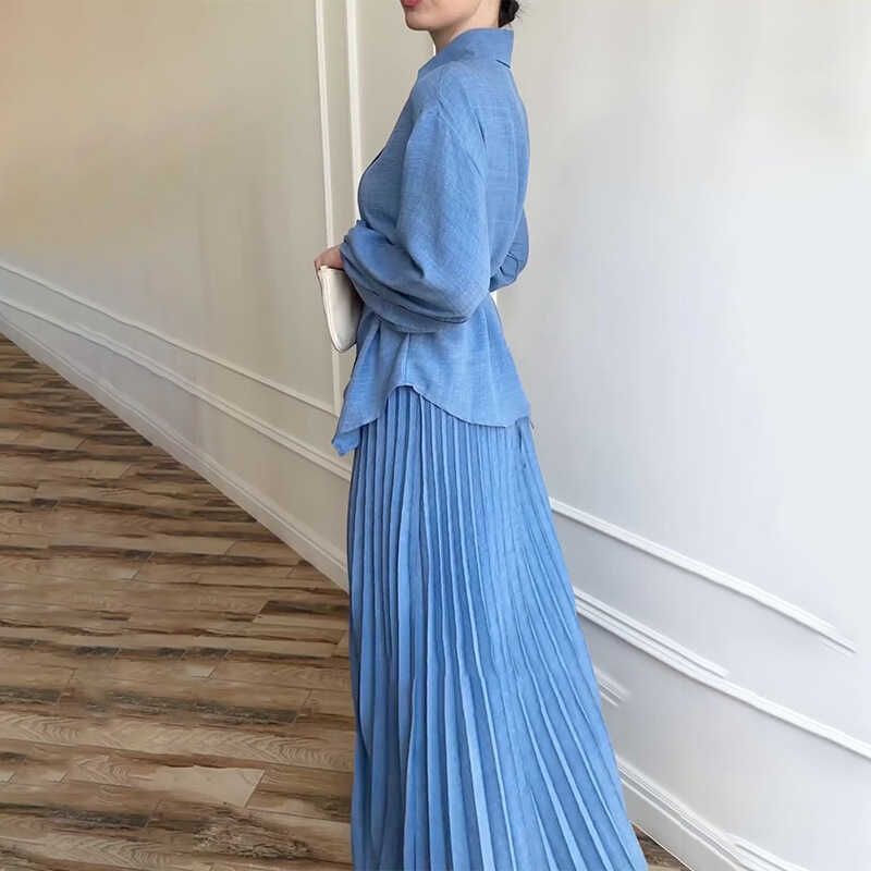 Shoelace Loose Shirt Top Elegance Skirt Blue Suit Women Elegant Skirt Set Women