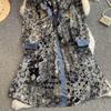 Spring Autumn Women Vintage Print V-neck Denim Patchwork Long Midi Casual Dresses