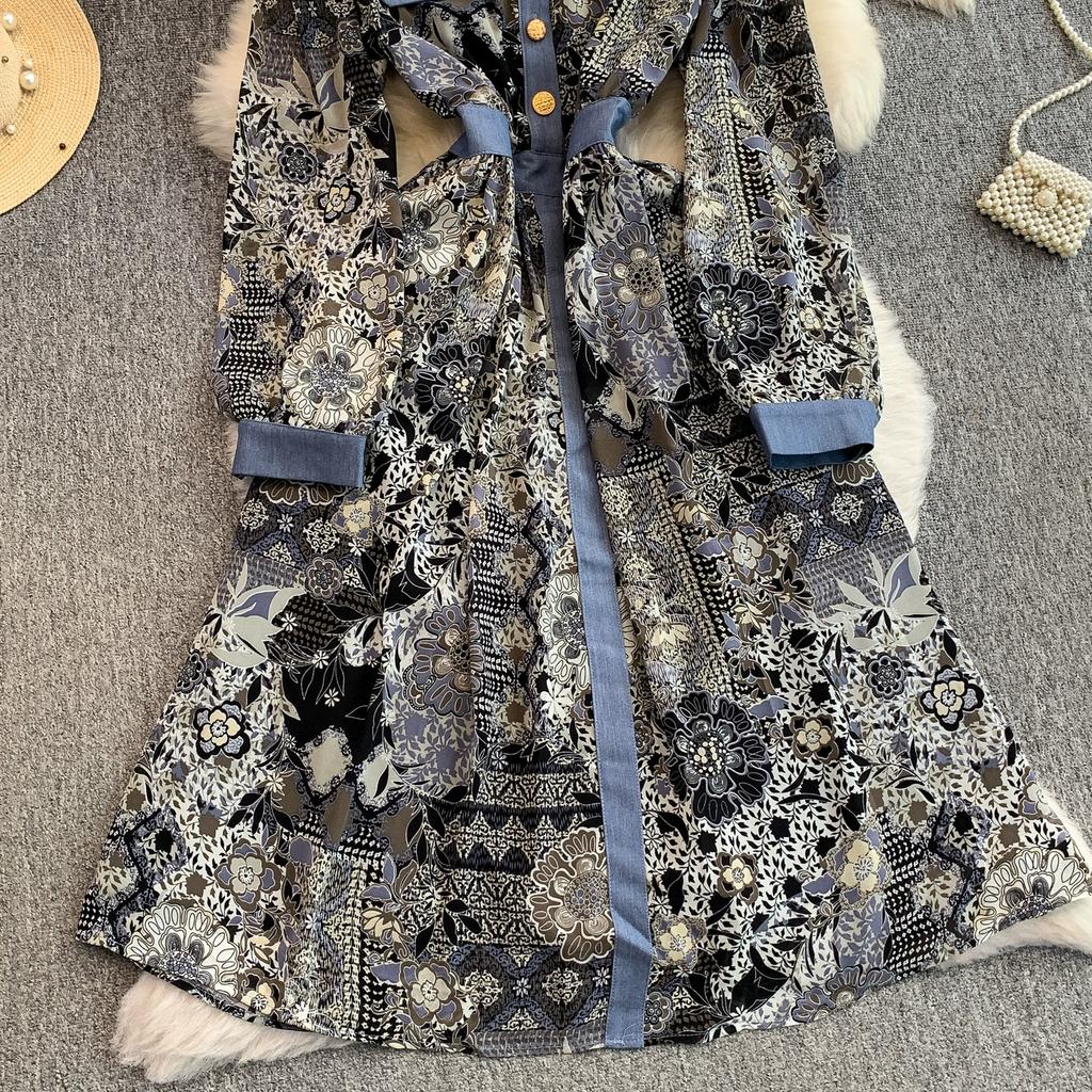 Spring Autumn Women Vintage Print V-neck Denim Patchwork Long Midi Casual Dresses