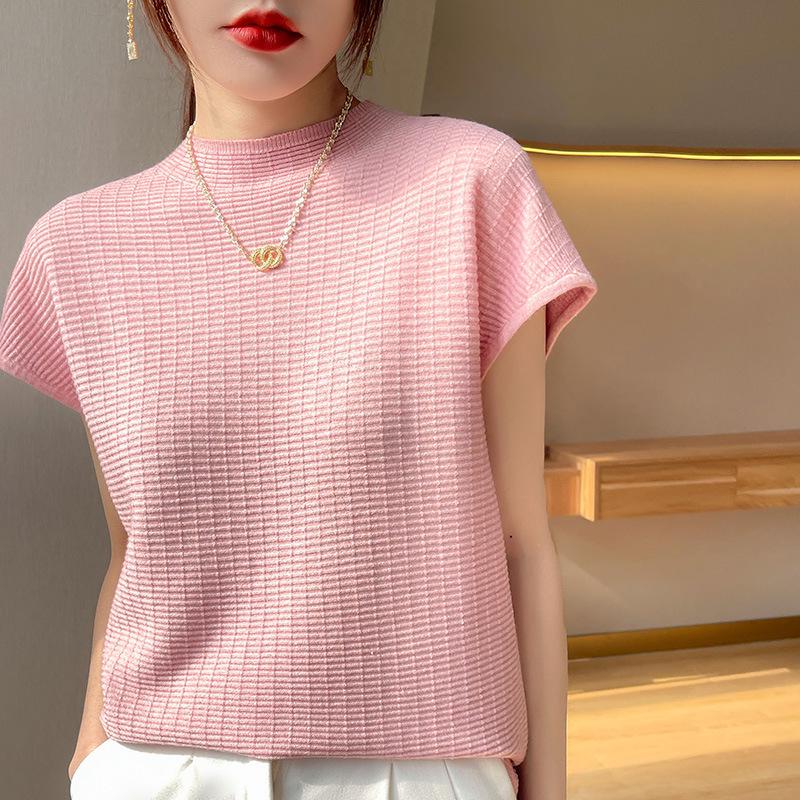 Damen locker gestrickter Pullover mit Kreuzstich, kurzärmelig - Halber Stehkragen, Übergröße, Basisshirt für den Herbst