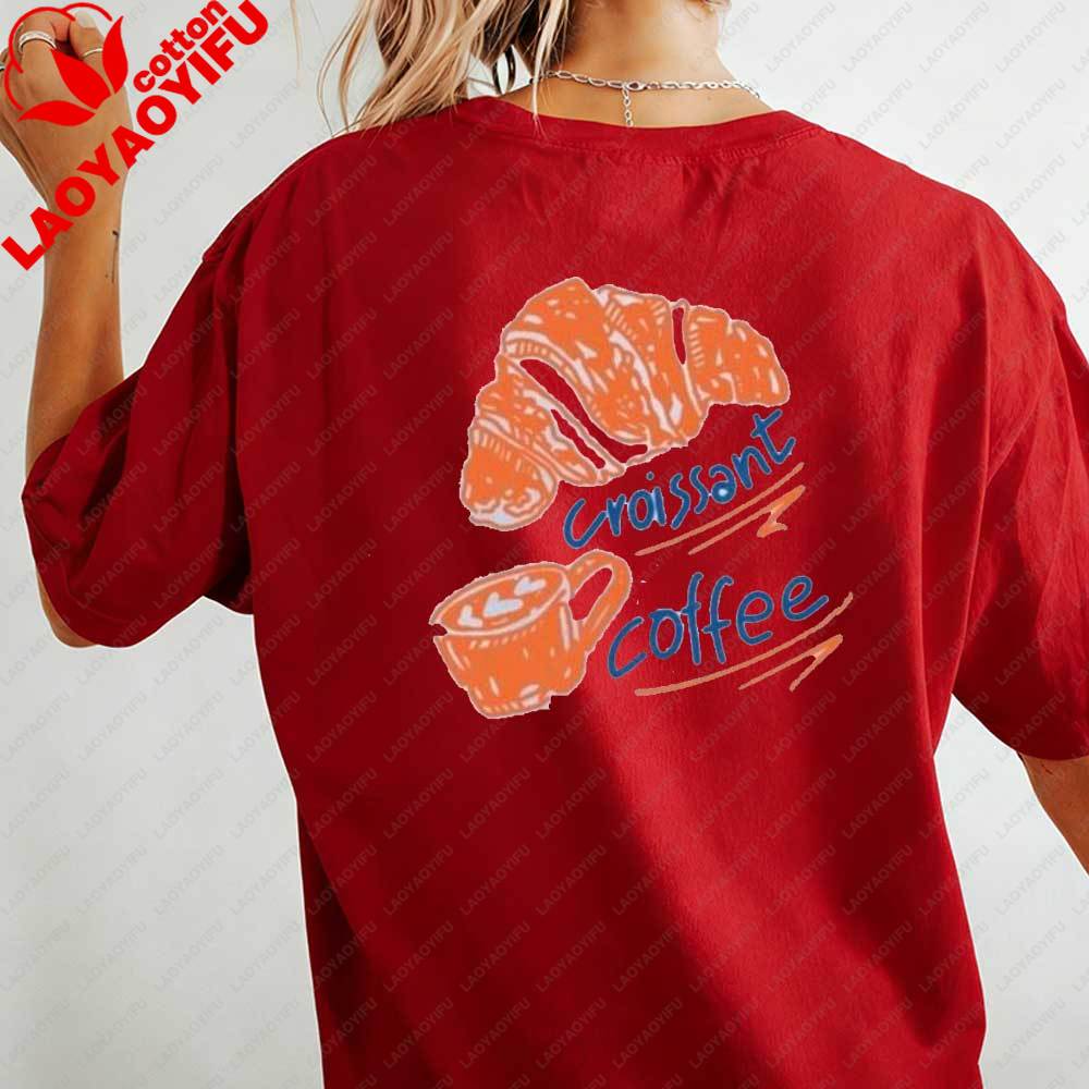 Womens Casual TShirt Croissant Coffee Print Short Sleeve Cute Food Graphic Cotton Tops Fit Streetwear Blouse for Daily Wear