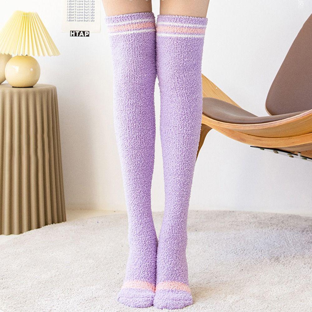 Coral Velvet Over Knee Socks Warm Cozy Lined Terry Socks Fuzzy Striped Stockings Winter