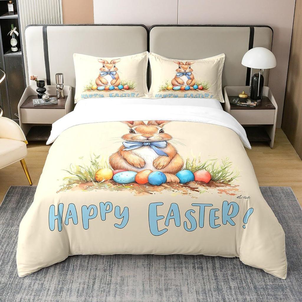 2pcs Easter Cartoon Rabbit Easter Egg Print Down Duvet Cover Set, Multi Size Bedroom Bedding Set Decoration, Machine Washable