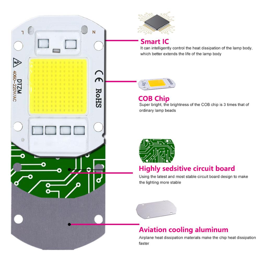 Puce LED COB 50w ampoule LED Haute Puissance led 220v 10W 20W 30W 5W ampoules Lampe 220V Matrice LED Pour projecteur d'extérieur KTY