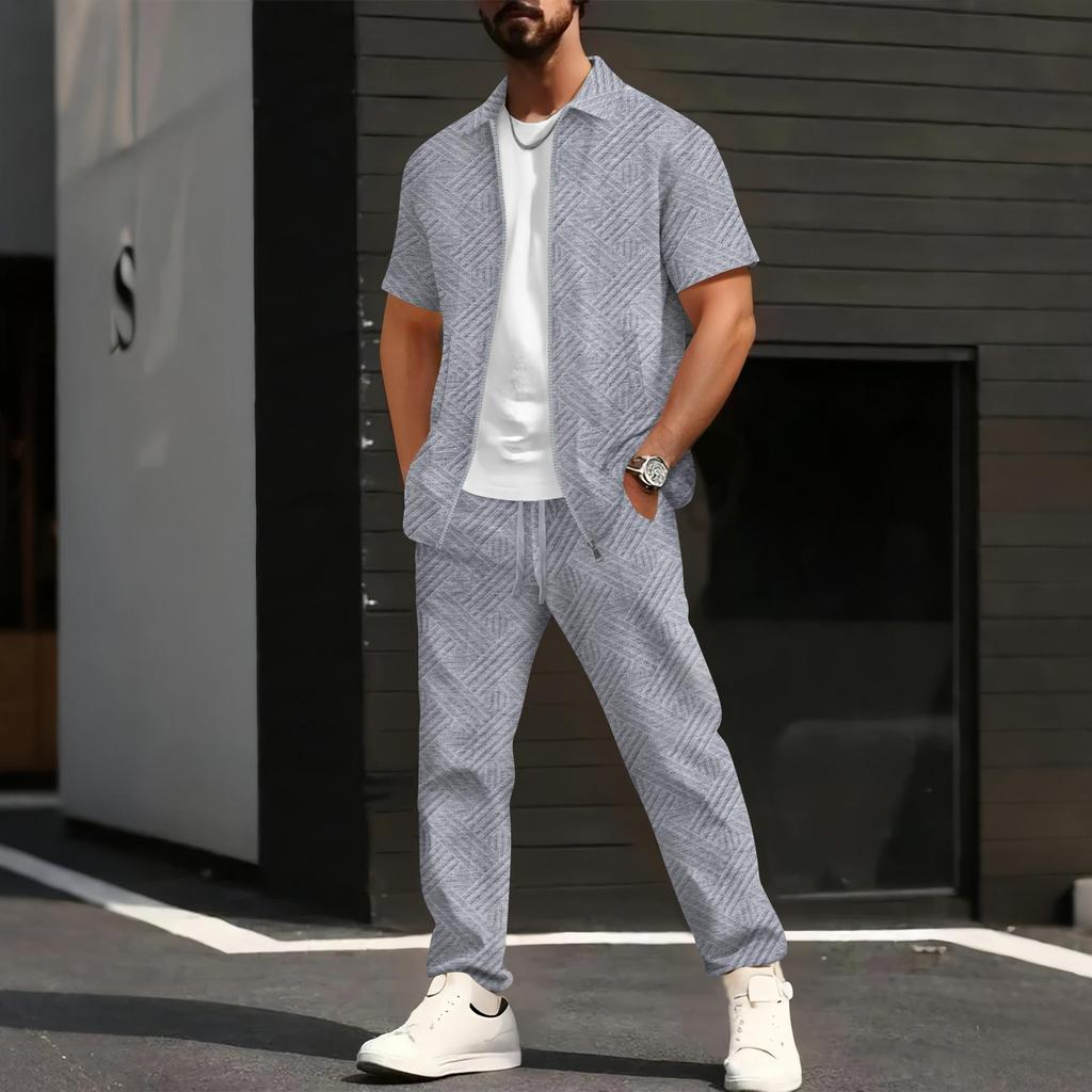 Conjunto Masculino de Jaqueta de Manga Curta e Calça com Estampa Geométrica e Camiseta Branca, Roupa Casual Streetwear