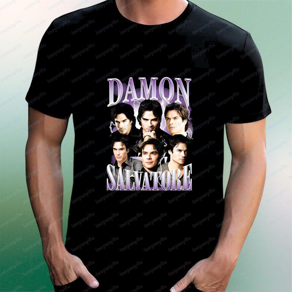 Damon Salvatore Retro Replica Style Unisex Streetwear ShortSleeved TShirt for Both Unisex and WoUnisex with Round Neck