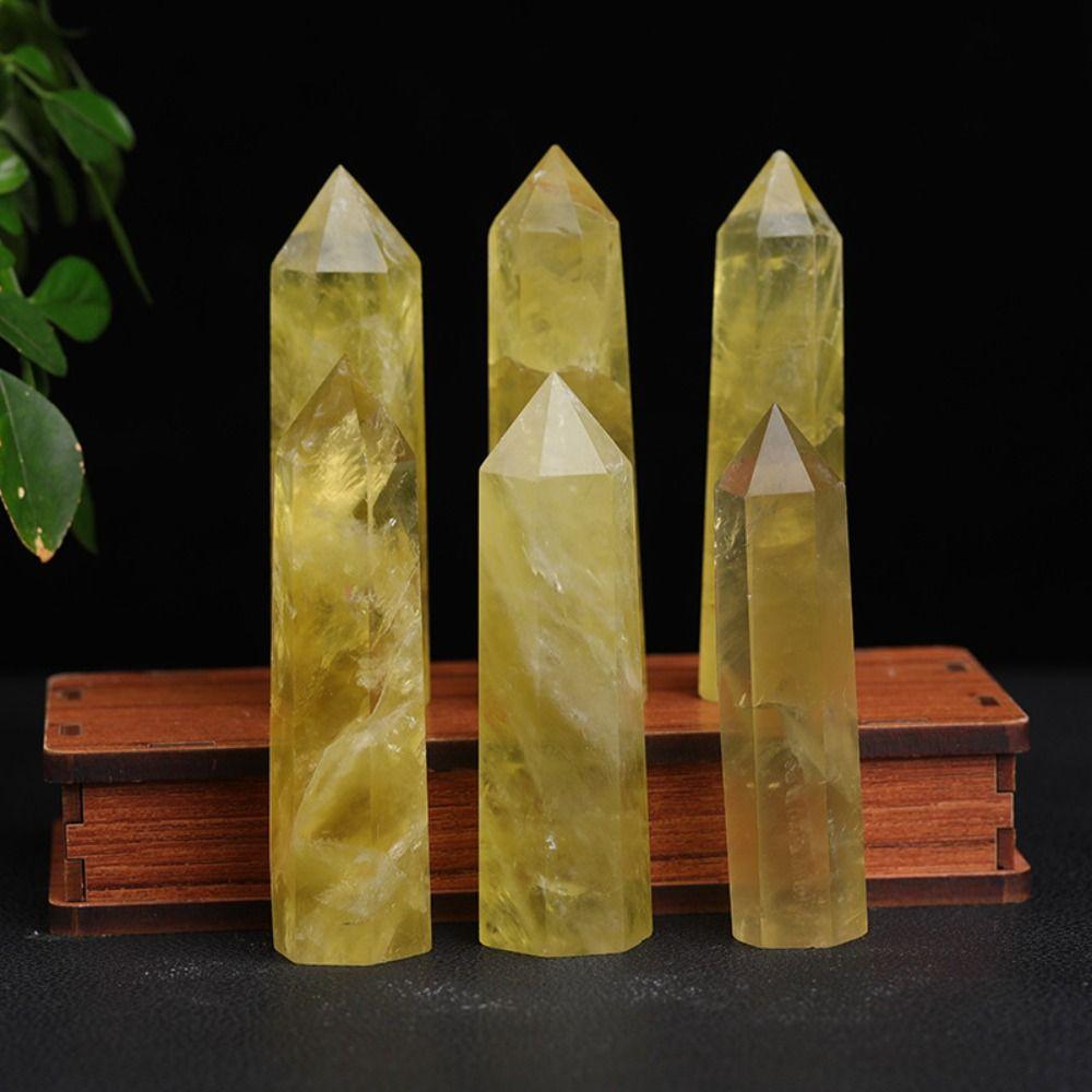 Beautiful Natural Crystal Unique Hexagonal Wand Column Home Decor Yellow Gem Office