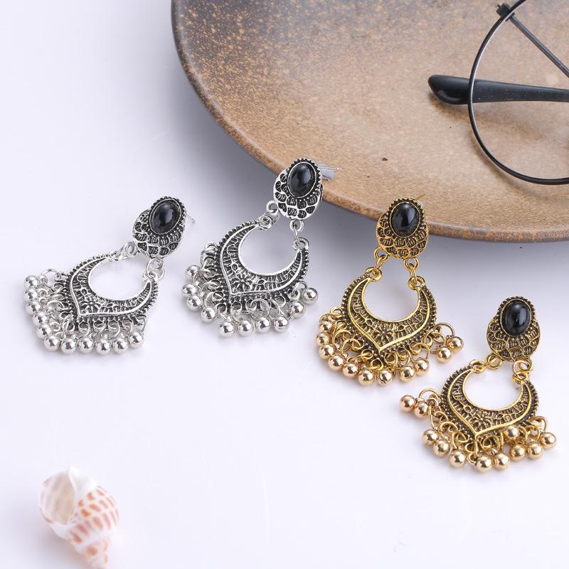 Retro Black Teardrop Rhinestone Tassel Earrings