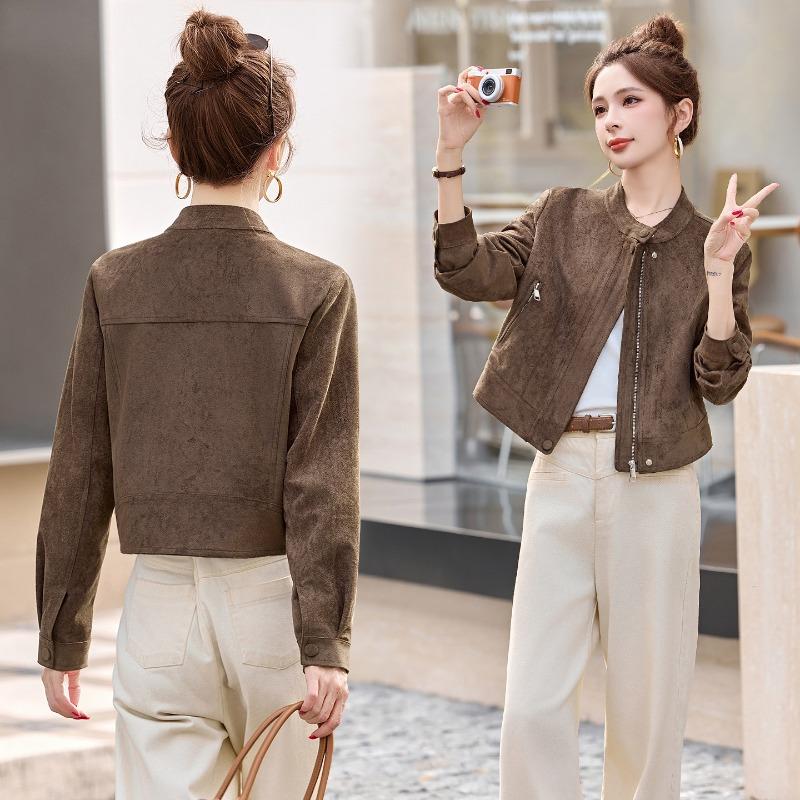 Stand-up collar short suede jacket women, autumn new retro casual versatile front shoulder jacket top