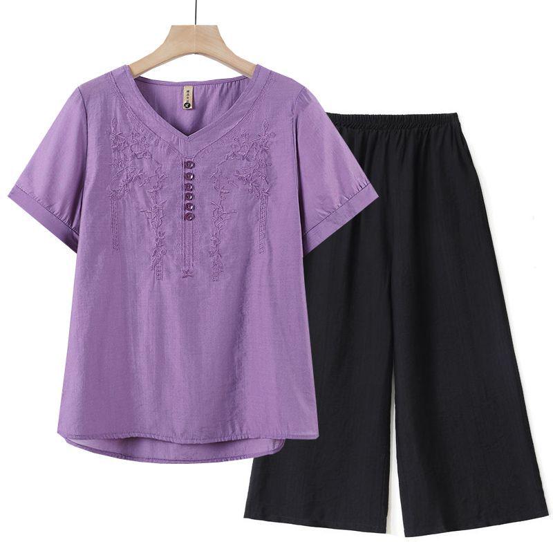 Women's Tencel Linen Embroidered Short-Sleeve T-Shirt & Pants Set - Summer Style for Middle-Aged Moms