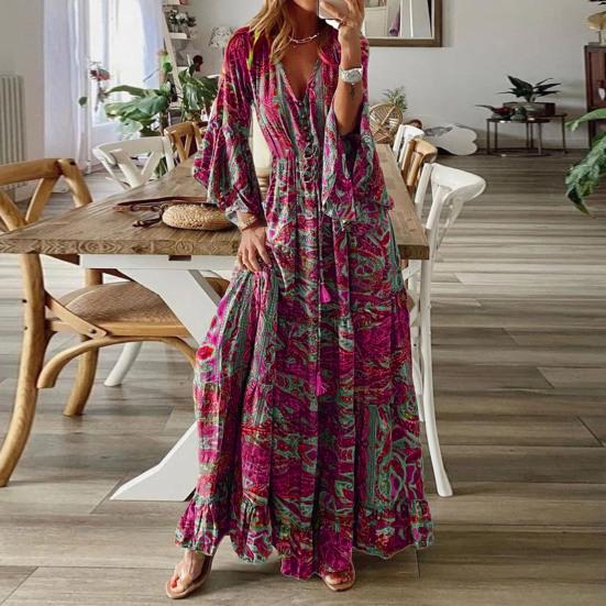 Damen Maxikleid V-Ausschnitt Bunter Druck Trompetenärmel Hohe Taille Lockerer Saum Anziehen