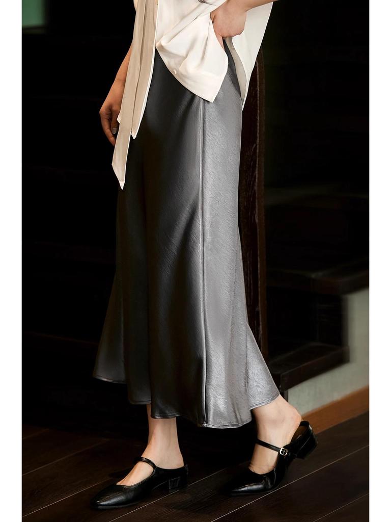Eleganter Satin-Midirock im französischen Stil - Hoher Bund, Minimalistisches A-Linien-Schirmdesign für Damen