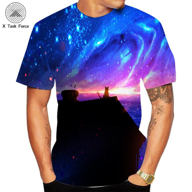 Summer Round Neck 3D Cat Printed Top Fashionable Casual Short Sleeved Men's T-shirts