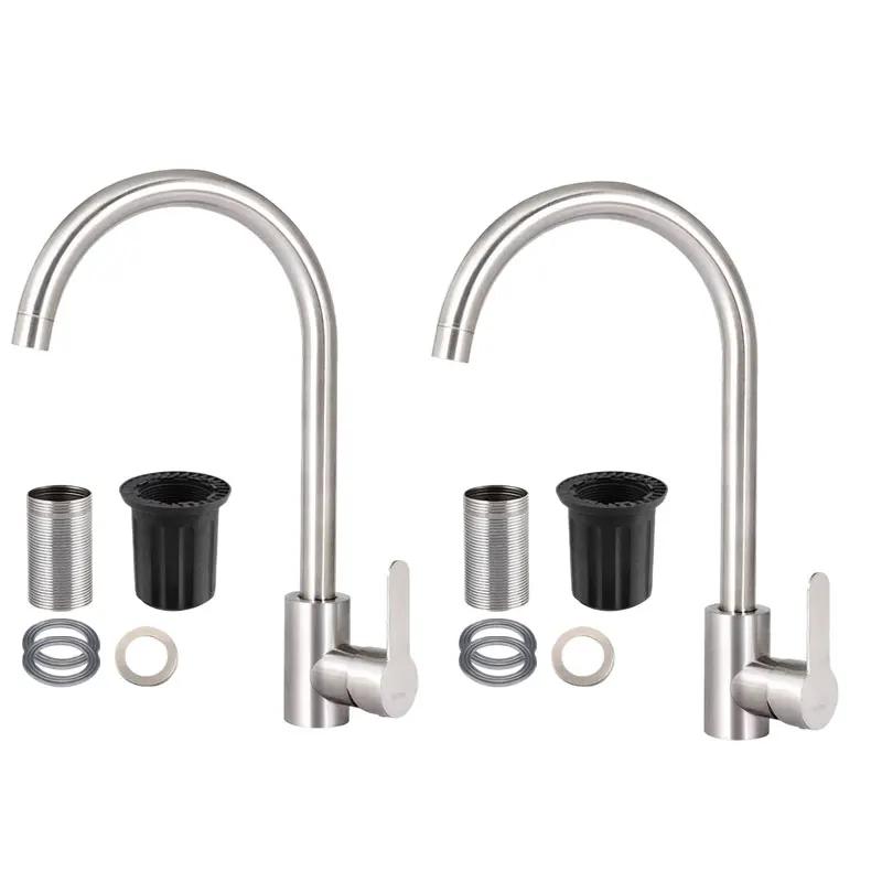 

2pcs Sets Stainless Steel Brushed Faucet Kitchen Sink Faucet Bathroom Water Faucets Kitchen Single Hole Faucets Home Accessories