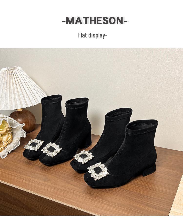 Autumn/Winter Rhinestone Buckle Chunky Heel Slimming Velvet Sock Boots for Women