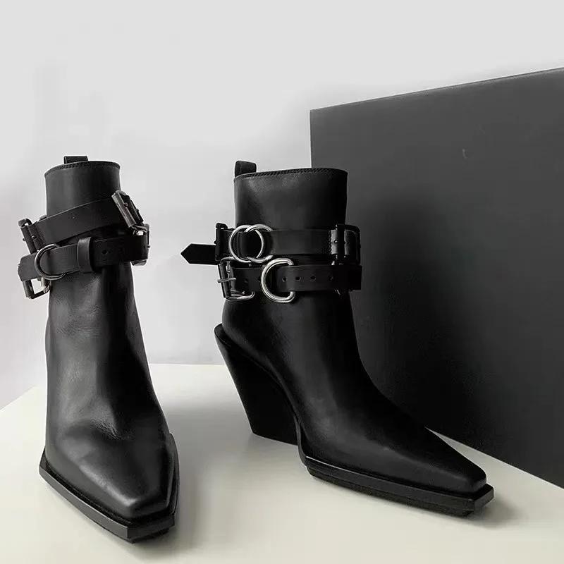 Women Ankle Boots Designer Leather Goth Shoes Luxury Pointed Toe High Heels 2025 Trend Wedges Punk Autumn Boots Snow Botas Mujer