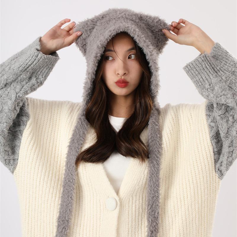 

Милая осенне-зимняя вязаная шапка с плюшевым мишкой для защиты ушей в корейском стиле, универсальная теплая шапка из двух клубков пряжи, модная one size серый