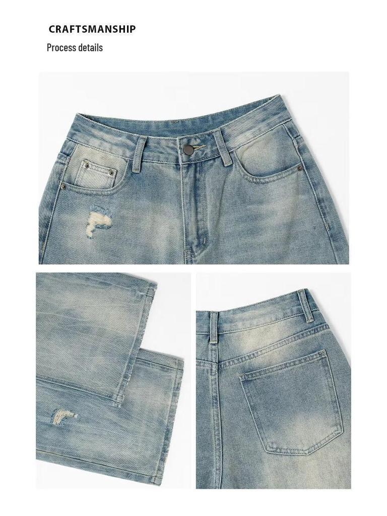 Light Blue High-Waist Distressed Wide-Leg Jeans for Women