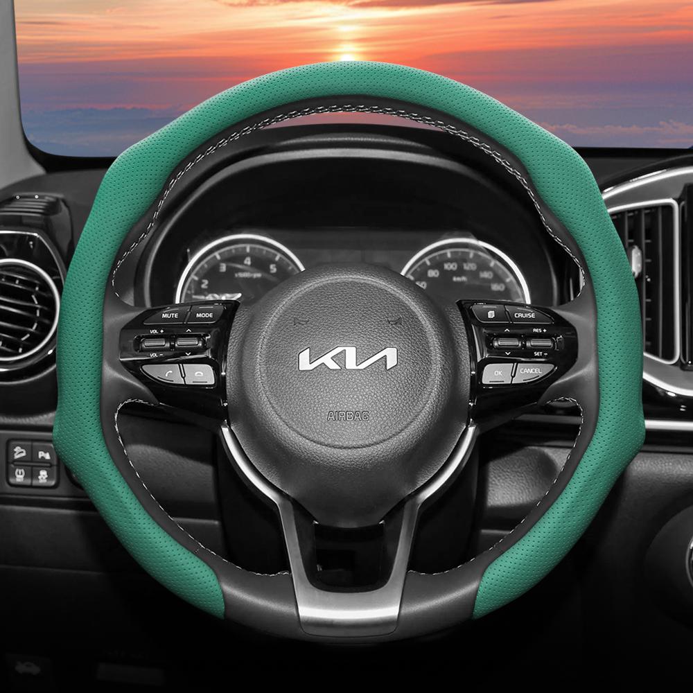 Suitable for Kia Perforated Leather Steering Wheel Cover, Non-Slip, Sweat-Absorbent, Breathable, Integrated Protective Case Sportage K5 Seltos Forte