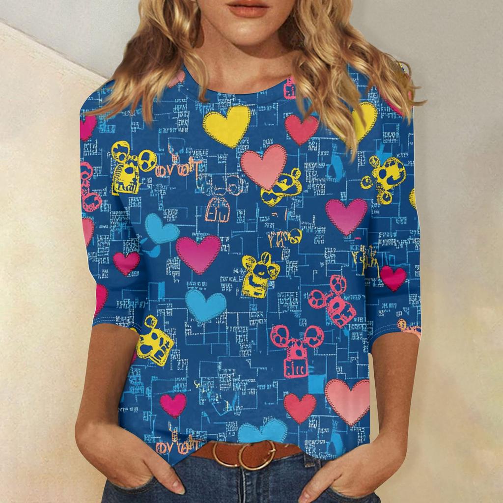 Women's Fashion Casual Round Neck 3/4 Sleeve Loose Printed T-Shirt Ladies Top
