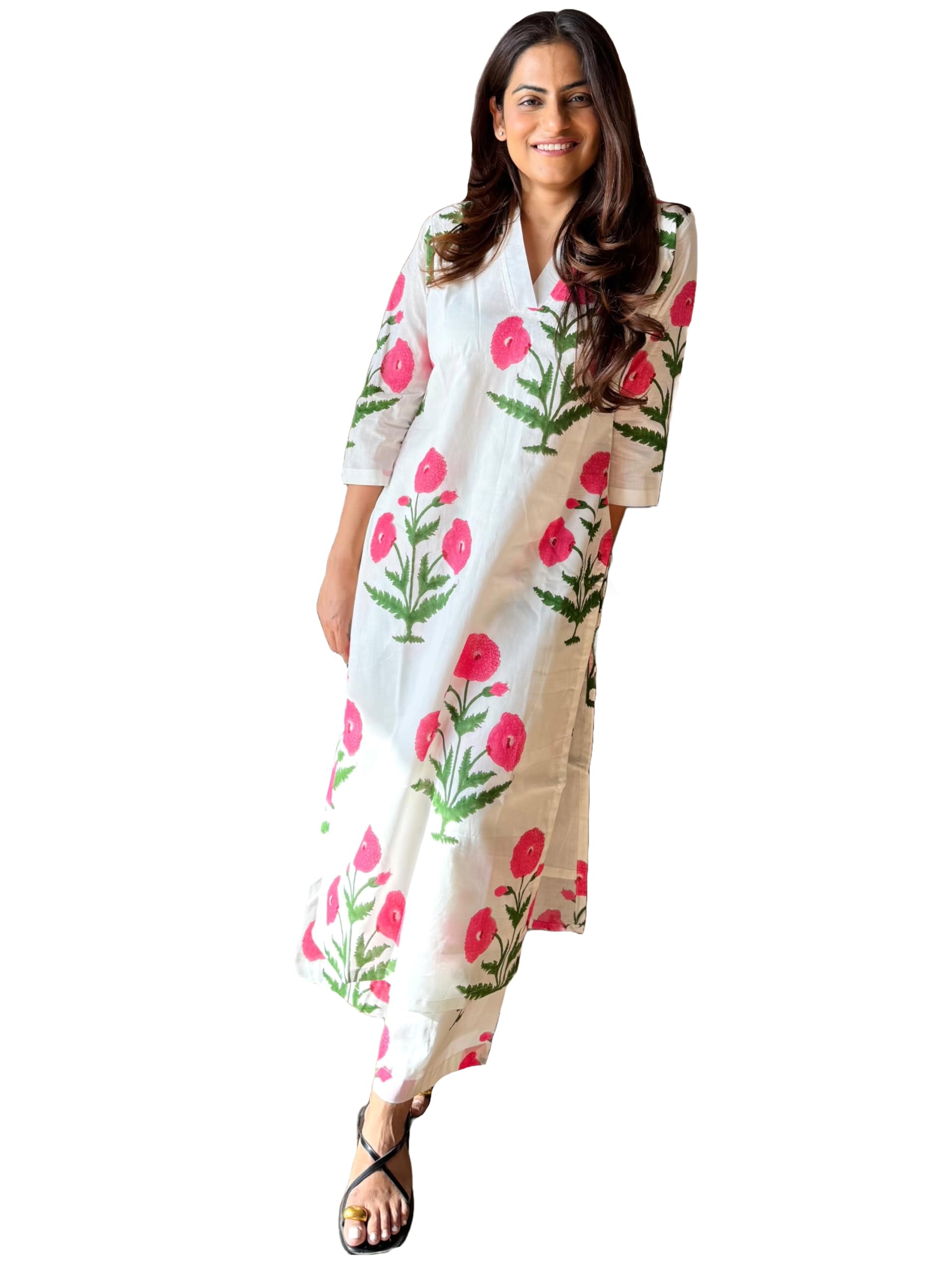 Gosriki Women S Rayon Viscose Straight Printed Kurta With Palazzo (Aneena White-Gs_M_White_Medium) M