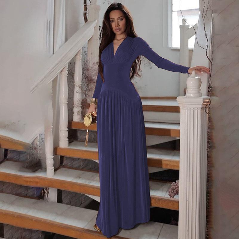 

Elegant European & American V-Neck Pleated Long Dress, Women s Autumn/Winter Fashion, Waist-Cinching Swing, Long Sleeves Medium королевский синий