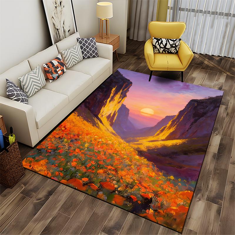 Sunset Landscape Carpet with Orange Flowers and Mountain View Design Suitable for Use As an Anti-slip for Living Room Bedroom Sofas